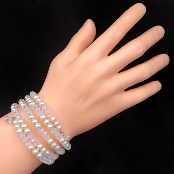 White Pearl Glass Beaded Wrap Around Fancy Layered Bracelet - Picture 2 of 2